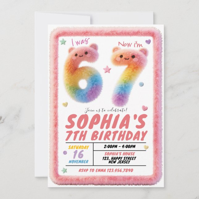 Convite de Aniversário Seis Sete Pelúcia (Frente)
