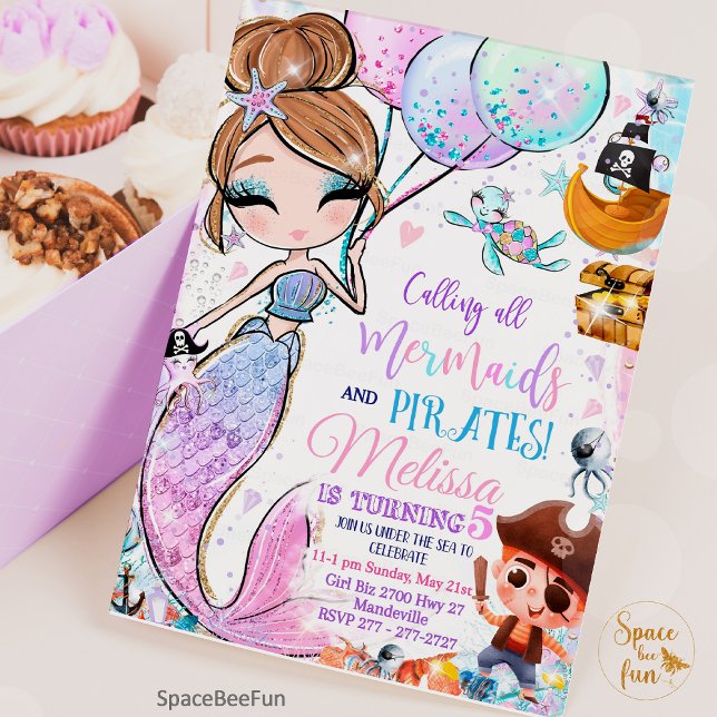 Convite de Aniversário Sereia e Piratas (Mermaid Birthday Invitation Mermaid and Pirates Party invite, Pool invite, Magical party, Brown hair)