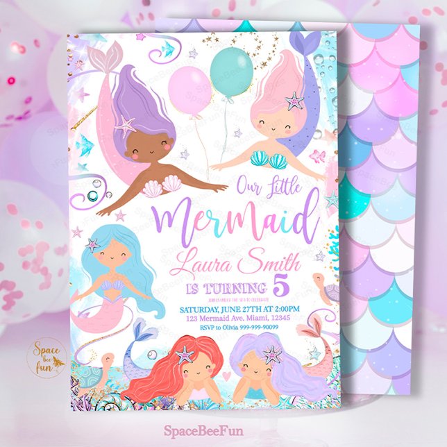 Convite de aniversário Sereia Editável em (Mermaid,Birthday Party,Invitation mermaid,Sea Mermaid,Party invite,Under The Sea,Pool Magical party,)