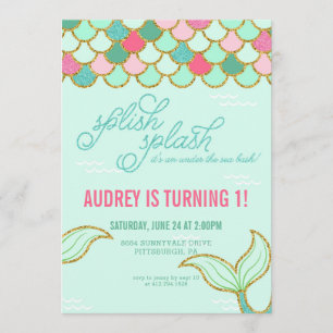 Convite de aniversário Sereia - Largura Dourada