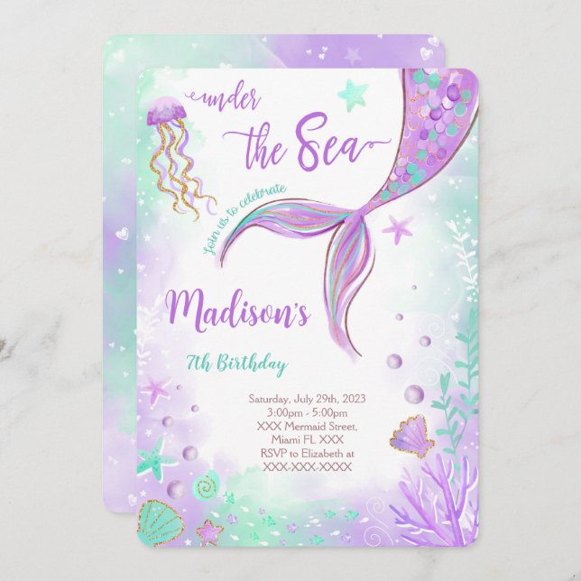 Convite de Aniversário Sereia Roxa (Frente/Verso)