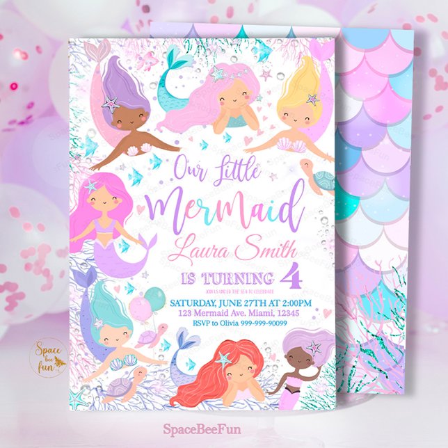 Convite de aniversário Sereia Sob (Mermaid,Birthday Party,Invitation mermaid,Sea Mermaid,Party invite,Under The Sea,Pool Magical party,)