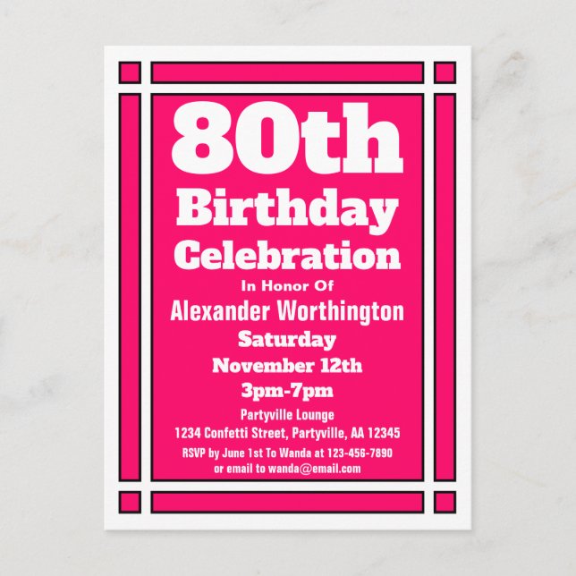 Convite de Aniversário Simples Rosa 80 anos em Car (Frente)
