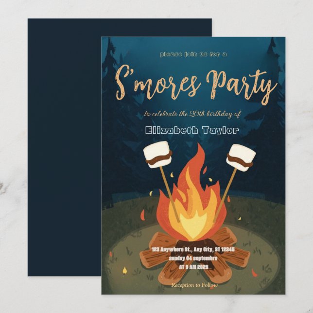 Convite de Aniversário S'mores – Fogueira Aconcheg (Frente/Verso)
