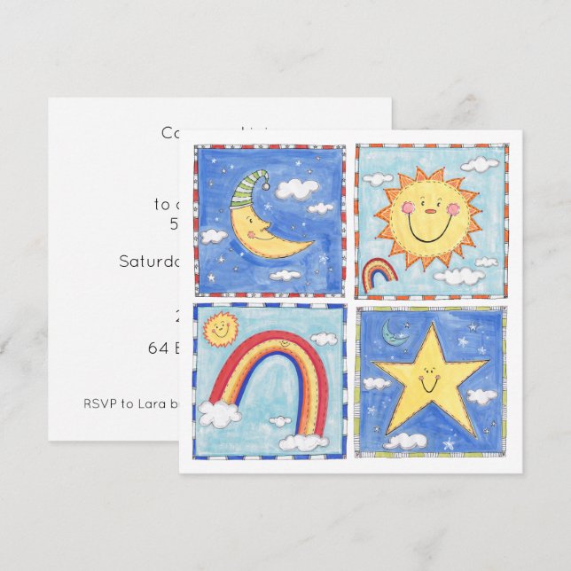 Convite de Aniversário Sol, Lua, Estrela e Arco-ír (Frente/Verso)