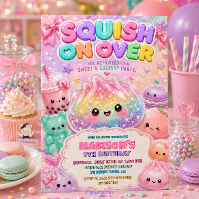 Convite de Aniversário Squishies Dumpling Brilho A (Rainbow Glitter Dumpling Squishies Birthday Party Invitation)