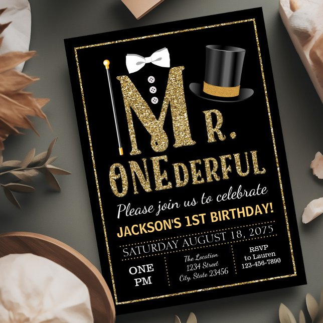 Convite de Aniversário Sr. Maravilhoso (Boy first birthday invitation. Mr. Onederful birthday party invitation with cute top hat, vest, tie.)