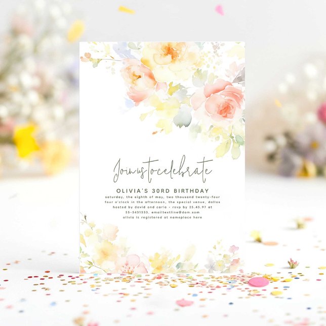 Convite de Aniversário Suave Floral Elegante para  (Elegant floral birthday invitations)