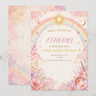 Convite de Aniversário Sunshine   Boho Rosa Pastel