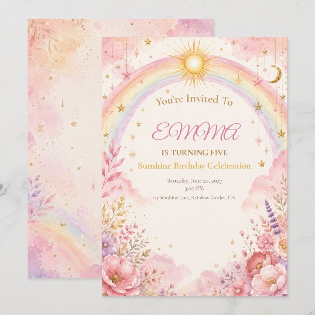 Convite de Aniversário Sunshine | Boho Rosa Pastel (Frente/Verso)