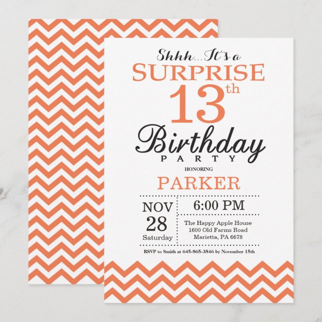 Convite de Aniversário Surpresa 13 Coral Chevron (Frente/Verso)