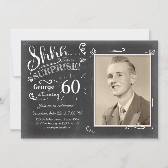 Convite de aniversário surpresa Chalkboard Rustic (Frente)