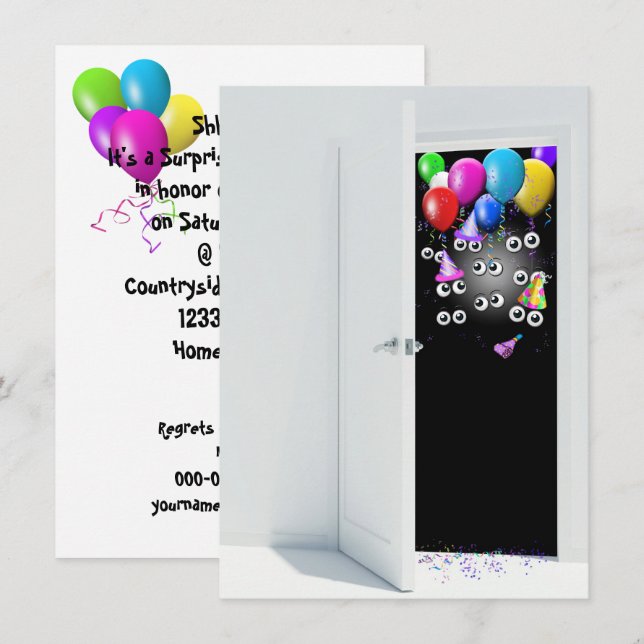 Convite de aniversário surpresa com balões. (Frente/Verso)