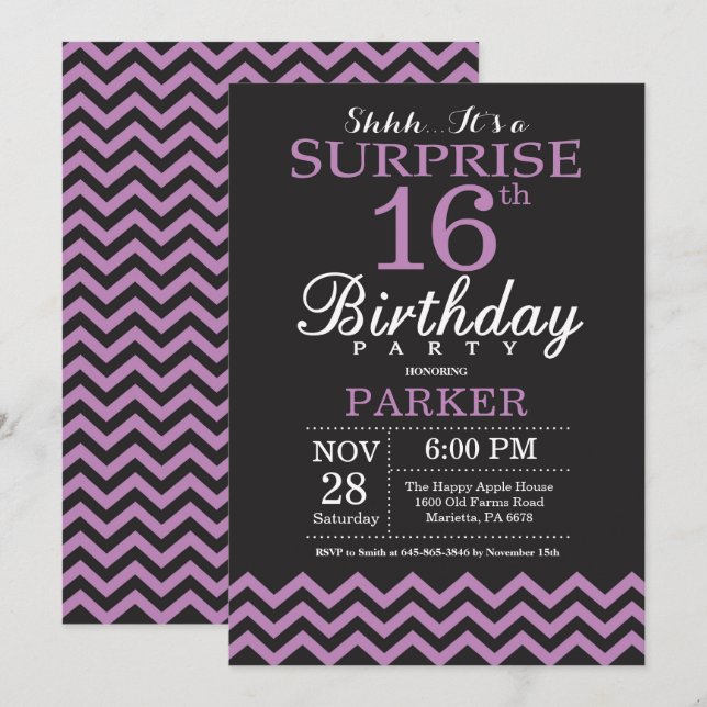Convite de Aniversário Surpresa de 16 anos Preto e (Frente/Verso)
