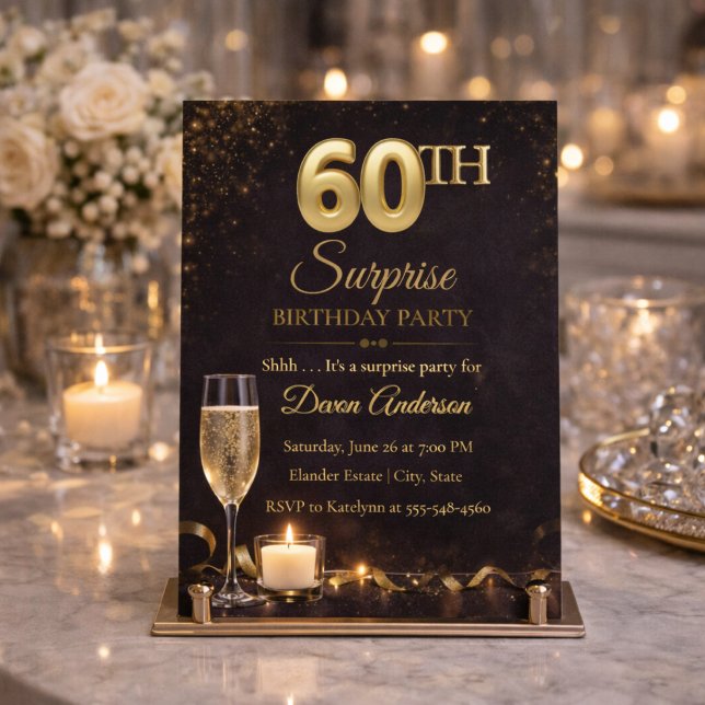 Convite de Aniversário Surpresa Dourado 60 (Golden shimmer and candlelight set the scene for a refined 60th surprise celebration)