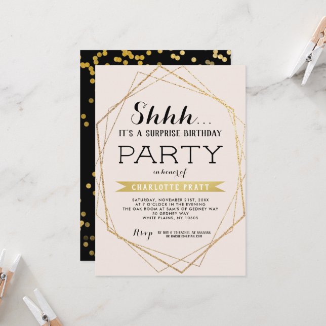 Convite de Aniversário Surpresa Gold Blush Shh (Frente/Verso In Situ)