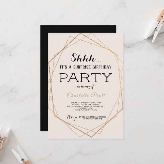 Convite de Aniversário Surpresa Gold Blush Shh (Frente/Verso In Situ)