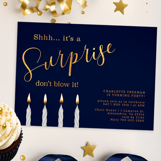 Convite de Aniversário Surpresa Marinho – Dourado  (Surprise Birthday Party Invite)