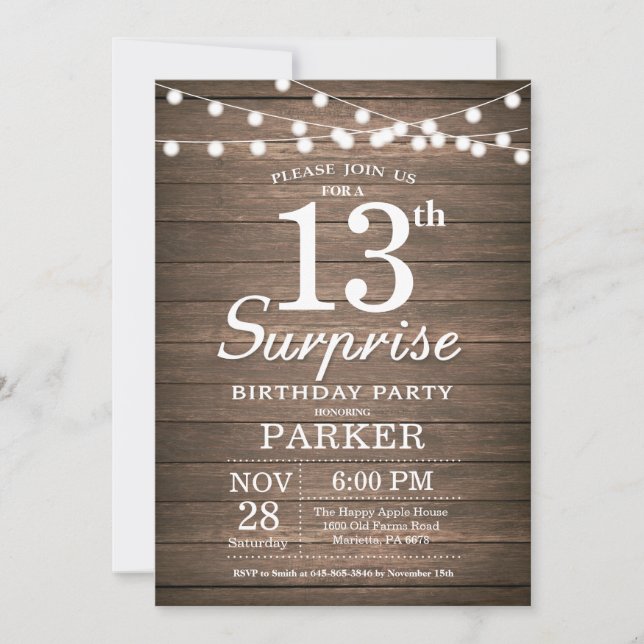 Convite de Aniversário Surpresa Rústico de 13 Anos (Frente)