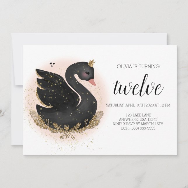 Convite de aniversário Swan | Preto e Dourado (Frente)