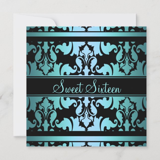 Convite de Aniversário Sweet16 Azul Real Damask (Frente)