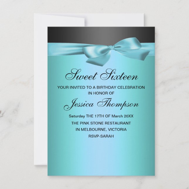 Convite de Aniversário Sweet 16 com Laço Azul e Pr (Frente)