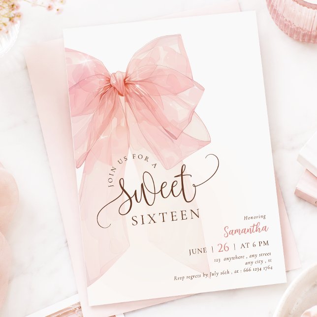 Convite de Aniversário Sweet 16 com Laço Rosa (Criador carregado)