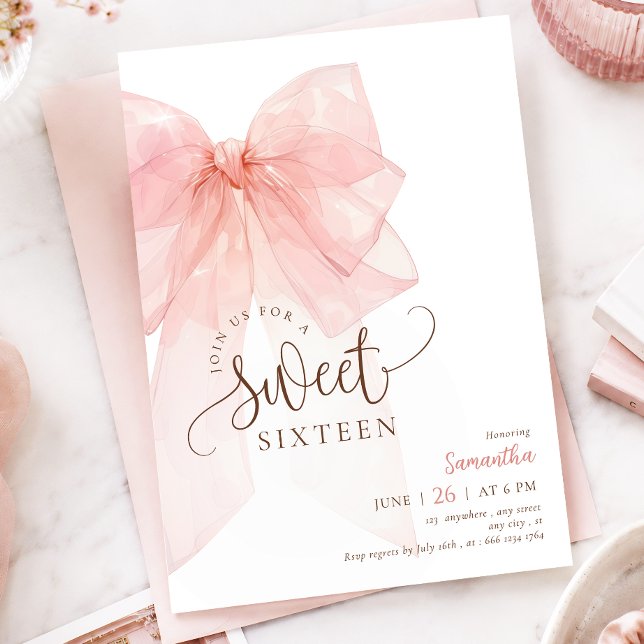 Convite de Aniversário Sweet 16 com Laço Rosa (Criador carregado)