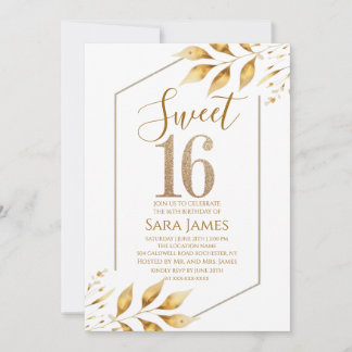 Convite de Aniversário Sweet 16 com Moldura Dourad