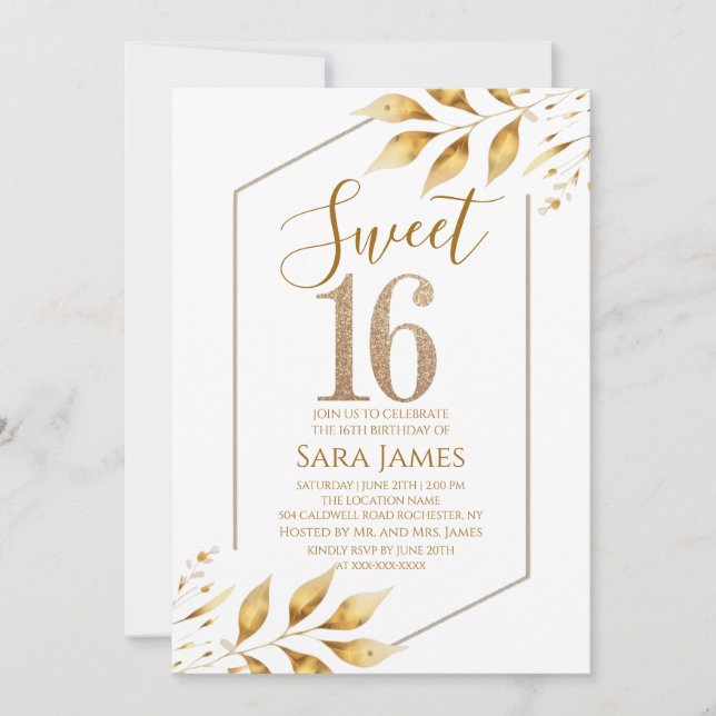 Convite de Aniversário Sweet 16 com Moldura Dourad (Frente)