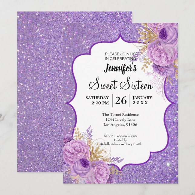 Convite de Aniversário Sweet 16 Floral Roxo Brilha (Frente/Verso)