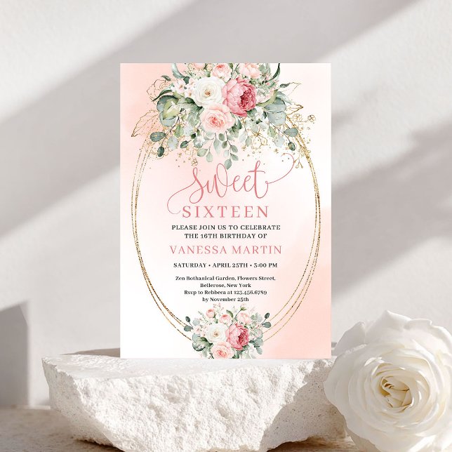 Convite de Aniversário Sweet 16 Rose Gold Blush So (Dreamy Blush Rose Gold Sweet 16 Birthday Invite)