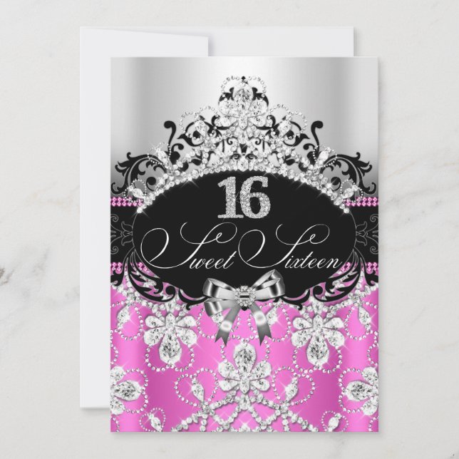 Convite de Aniversário Sweet 16 Tiara Rosa Prata B (Frente)