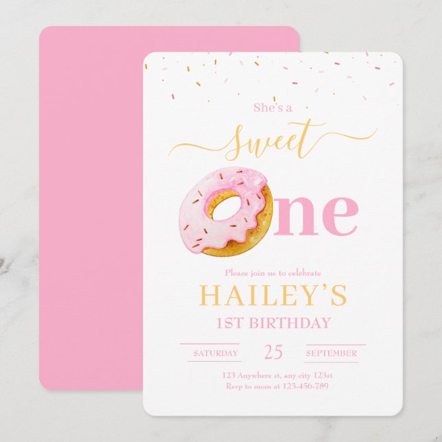 Convite de Aniversário Sweet One Donuts, 1º Aniver (Frente/Verso)