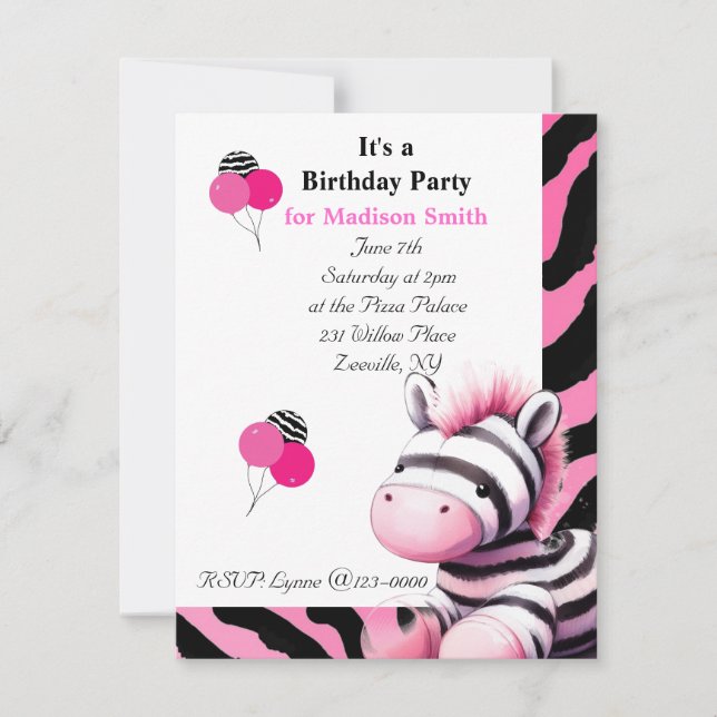 Convite de Aniversário Sweet Zebra (Frente)