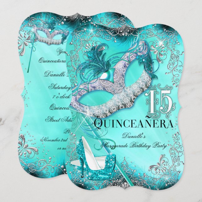 Convite de Aniversário Teal Silver Masquerade Quin (Frente/Verso)