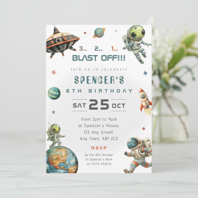 Convite de Aniversário Tema Alien Espaço Verde (Em pé/Frente)