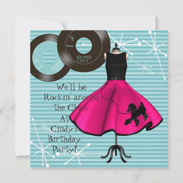 convite de aniversário Tema da década de 50 (Frente)