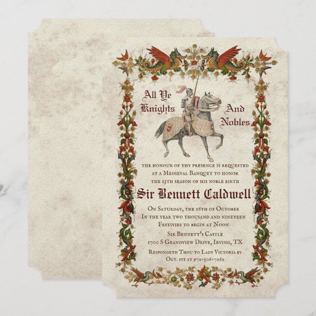 CONVITE DE ANIVERSÁRIO TEMA RENASCENÇA MEDIEVAL PA (Frente/Verso)
