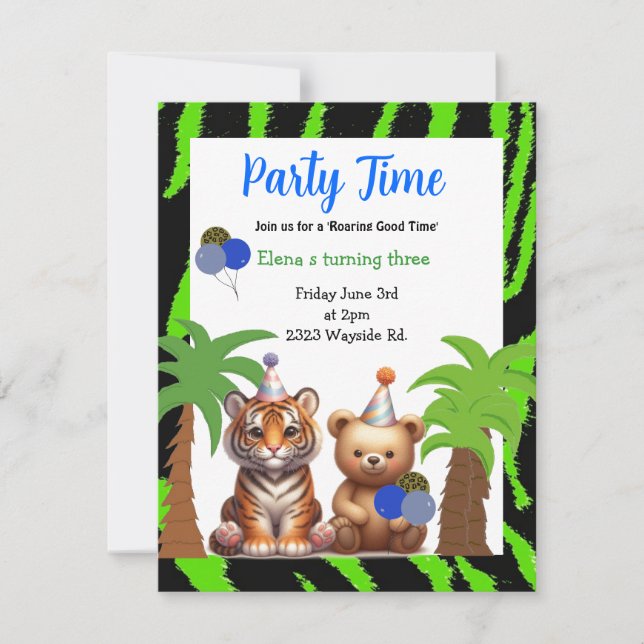 Convite de Aniversário Tema Selva de Tigre e Urso (Frente)