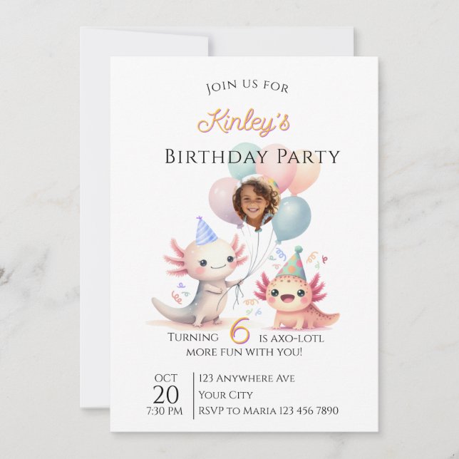 Convite de Aniversário Temático Axolote (Frente)