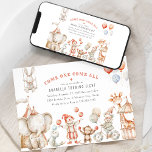 Convite de Aniversário Temático de Circo Infantil<br><div class="desc">Atenção jovens foliões, preparem-se para entrar numa festa de aniversário temática de circo com aquarelas doces! O convite colorido ostenta a frase clássica "venham todos, venham já" e apresenta um modelo moderno e elegante com desenhos de balões, palhaços e animais em tons suaves de vermelho, azul e branco. Certamente será...</div>