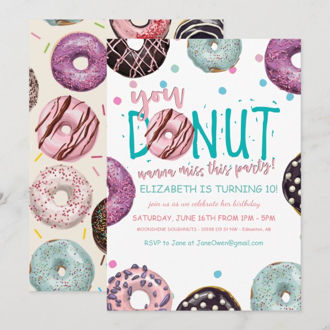 Convite de Aniversário Temático de Donut (Frente/Verso)