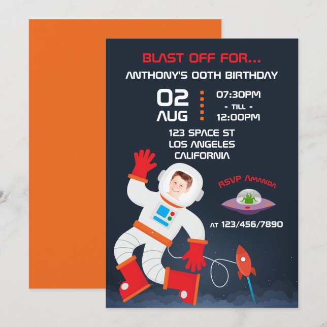 Convite de Aniversário Temático de Espaço Sideral  (Frente/Verso)