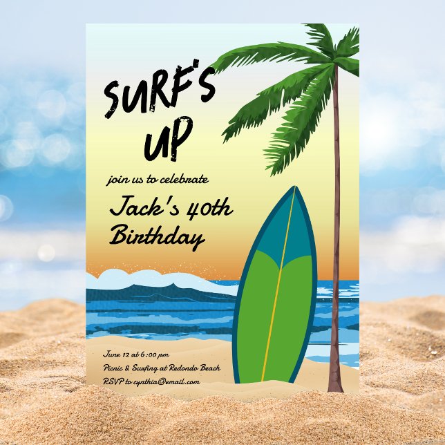 Convite de Aniversário Temático de Praia Surf's Up (Criador carregado)