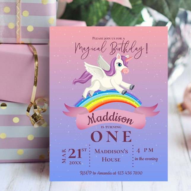 Convite de Aniversário Temático Unicórnio Mágico P (Pastel Magical Unicorn Themed Birthday Invitation Postcard)