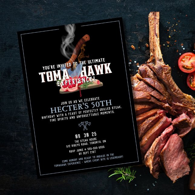 Convite de Aniversário Tomahawk (Bold tomahawk steak birthday invitation with fiery details for a memorable celebration.







)