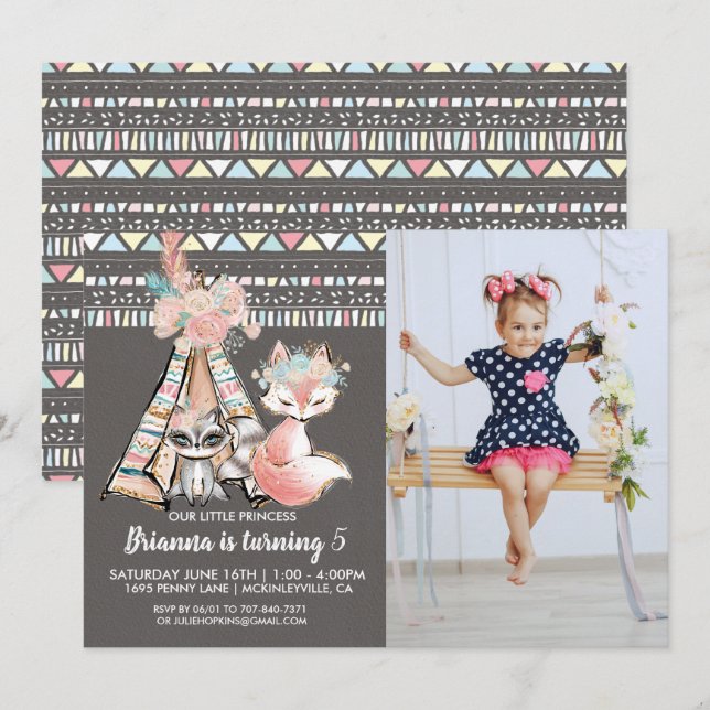 Convite de Aniversário Tribal Boho Feminino (Frente/Verso)