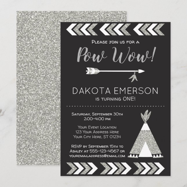 Convite de Aniversário Tribal| Preto, Prata Uau (Frente/Verso)