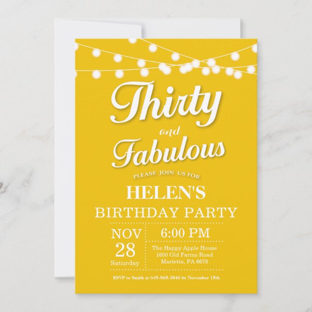 Convite de Aniversário Trinta e Fabuloso Amarelo (Frente)